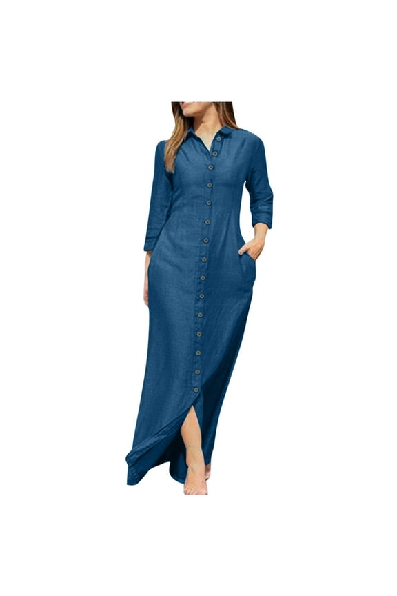 Meichang Women's Cotton Linen Shirt Dresses Long Sleeve Lapel Button Down Maxi Dresses Solid Slim Fit Work Dresses Casual Swing Dresses with Pockets Blue L