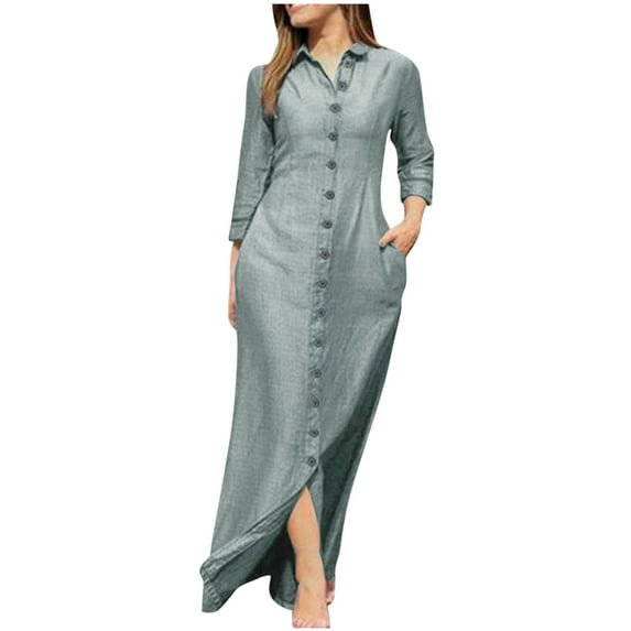 Meichang Women's Cotton Linen Shirt Dresses Long Sleeve Lapel Button Down Maxi Dresses Solid Slim Fit Work Dresses Casual Swing Dresses with Pockets Gray S