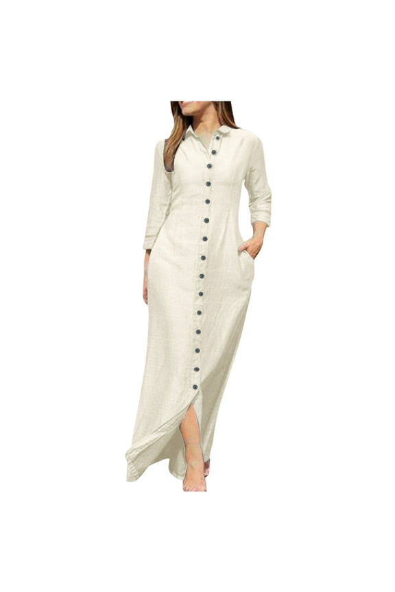 Women's Cotton Linen Shirt Dresses Long Sleeve Lapel Button Down Maxi Dresses Solid Slim Fit Work Dresses Casual Swing Dresses with Pockets White M