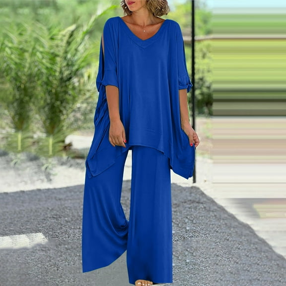 Meichang Women's Cotton Linen Two Piece Summer Sets Crewneck Short Sleeve Tops with Straight Wide Leg Pants Stes Plus Size Summer Lounge Sets