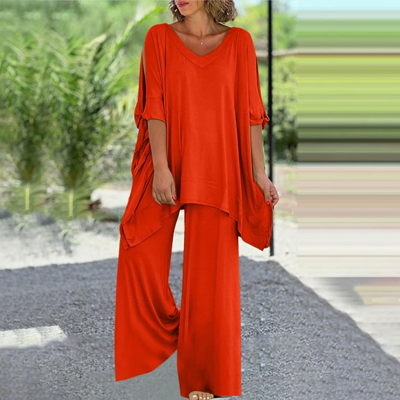 Meichang Women's Cotton Linen Two Piece Summer Sets Crewneck Short Sleeve Tops with Straight Wide Leg Pants Stes Plus Size Summer Lounge Sets