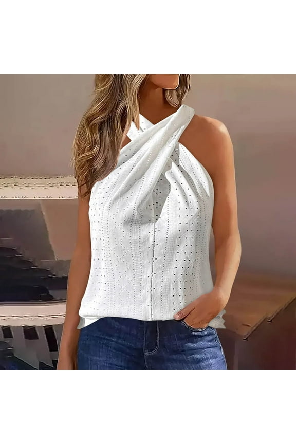 Women's Criss Cross Halter Neck Tops Dressy Casual Sleeveless Eyelet Embroidery Tank Tops Solid Back Zipper Business Work Blouses White L