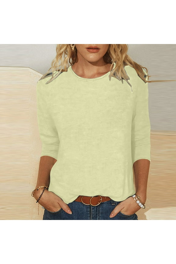 Meichang Women's Cute Crewneck Slim Fitted T-Shirt Casual Mid-Length 3/4 Sleeves Blouse Stretchy Basic Solid Tee Tops