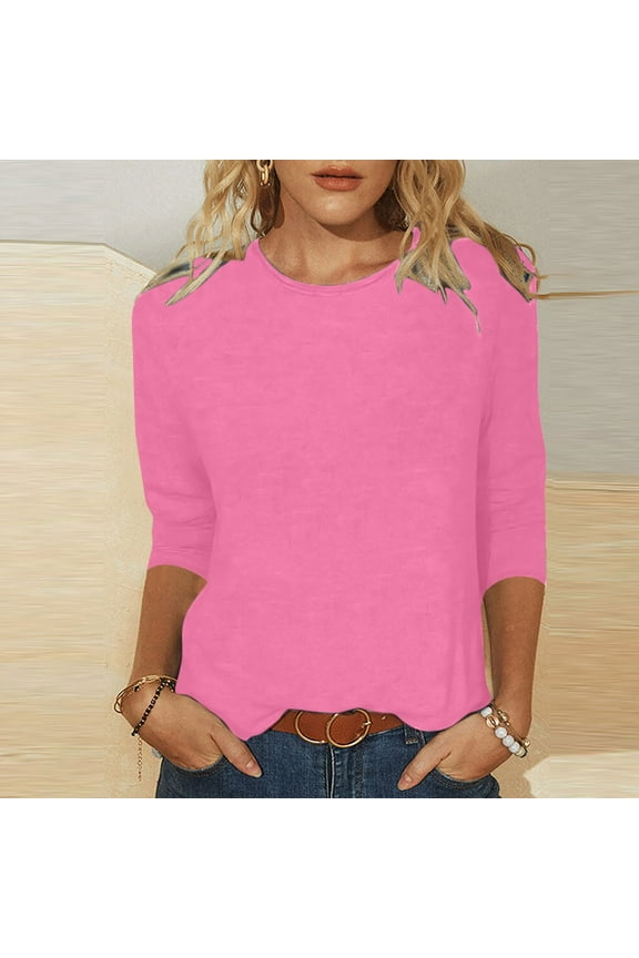 Women's Cute Crewneck Slim Fitted T-Shirt Casual Mid-Length 3/4 Sleeves Blouse Stretchy Basic Solid Tee Tops