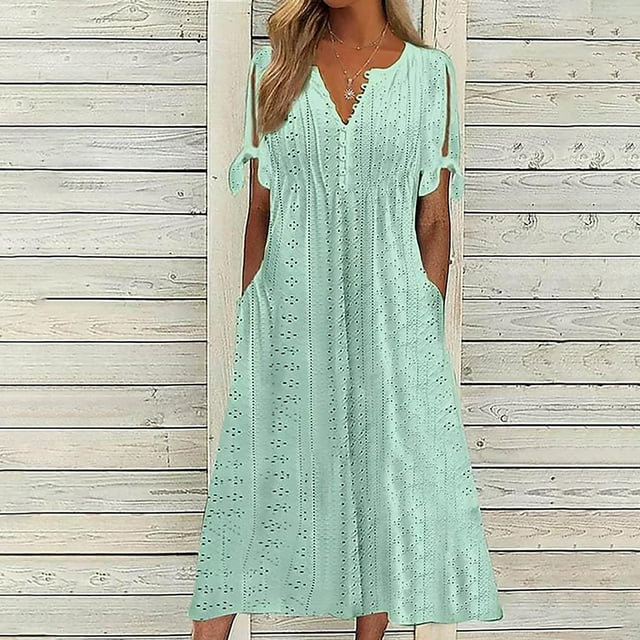 Meichang Women's Dresses Women's Summer V Neck Button Tie Short Sleeve Dresses Eyelet Embroidery Pleated Solid Color Midi Dresses Flowy A-Line Dresses, Vestidos Para Mujer Casuales