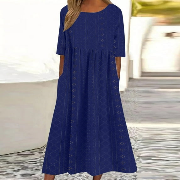 Meichang Women's Eyelet Dresses Summer Crew Neck Short Sleeve Midi Dresses Solid Loose Fit Hollow Out Dresses Flowy Casual Dresses with Pockets Blue S