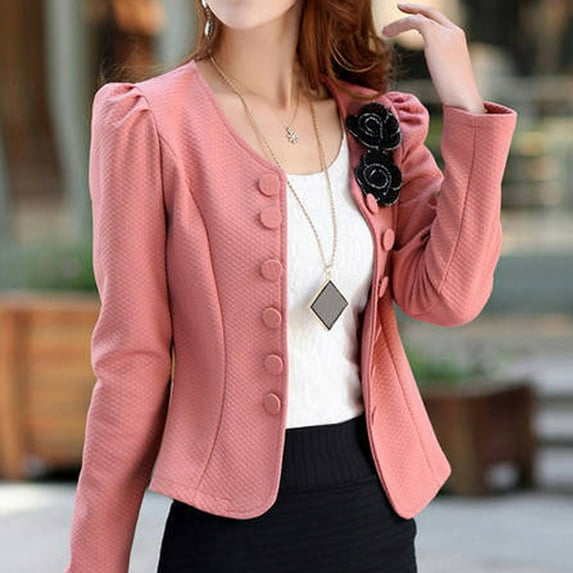 Meichang Women's Fashion Blazer Casual Crew Neck Solid Jackets Double Breasted Long Sleeve Cardigan Business Cropped Blazer Suit