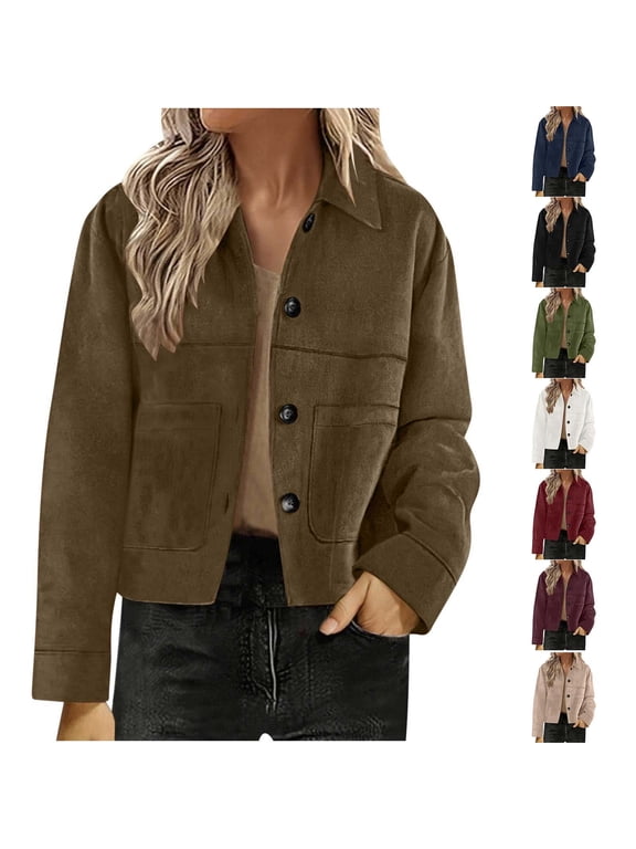 Women's Faux Suede Cropped Jacket Lightweight Long Sleeve Lapel Button Down Short Coats Faux Suede Leather Jackets Outerwear