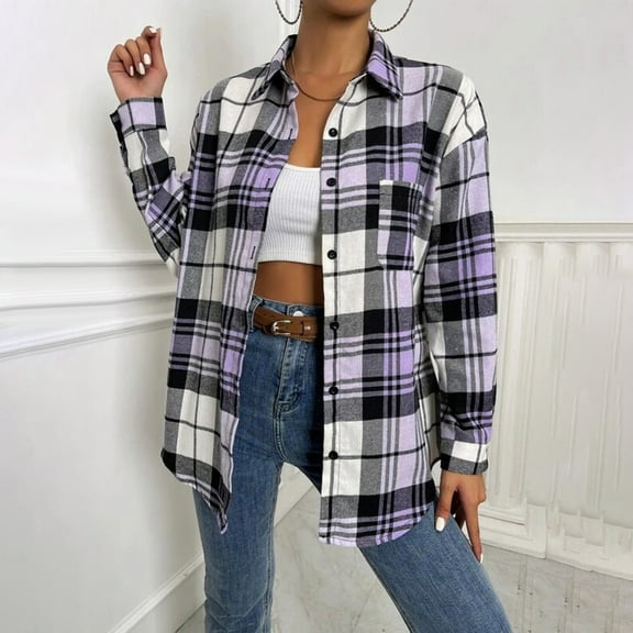 Meichang Women's Fleece Plaid Shacket Long Sleeve Button Down Shirts Jacket Mid-Length Coats with Chest Pocket Fall