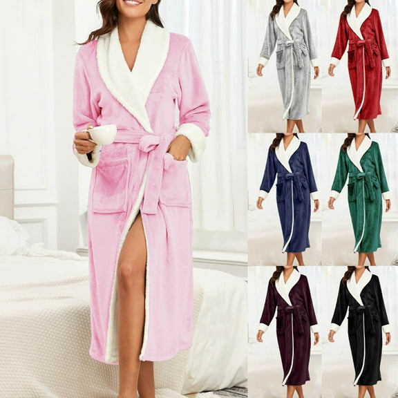 Meichang Women's Fleece Robe Plush Long Sleeve Shawl Collar Winter Bathrobe with Belt Soft Fuzzy Fluffy Spa Robe Long Loungewear