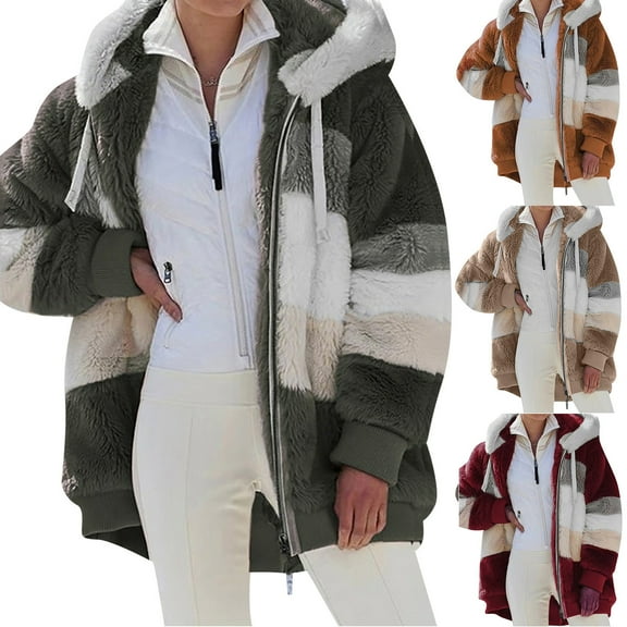 Meichang Women's Fuzzy Fleece Jacket Plus Size Color Block Patchwork Long Sleeve Hooded Winter Coat Full Zip Thick Warm Fluffy Jackets