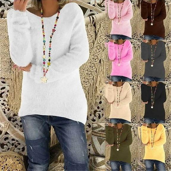 Meichang Women's Fuzzy Fleece Pullover Winter Long Sleeve Crew Neck Warm Sweater Plus Size Loose Fit Soft Knit Sweaters