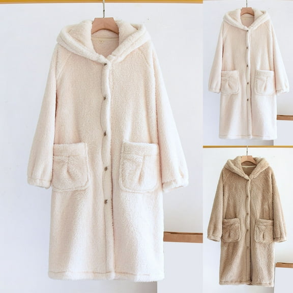 Meichang Women's Fuzzy Robe Hooded Long Sleeve Button Down Sherpa Fleece Bathrobe Winter Warm Fluffy Loungewear Knee Length House Robes with Pockets