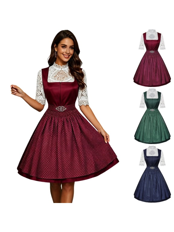 Women's German Dirndl Dress 3 Pieces Set Lace Half Sleeve Bavarian Oktoberfest Halloween Carnival Costumes for Holiday