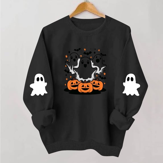 Meichang Women's Halloween Graphic Sweatshirt Ghost Print Sweatshirts Fall Long Sleeve Crewneck Sweatshirt Vintage Spooky Halloween Pullover