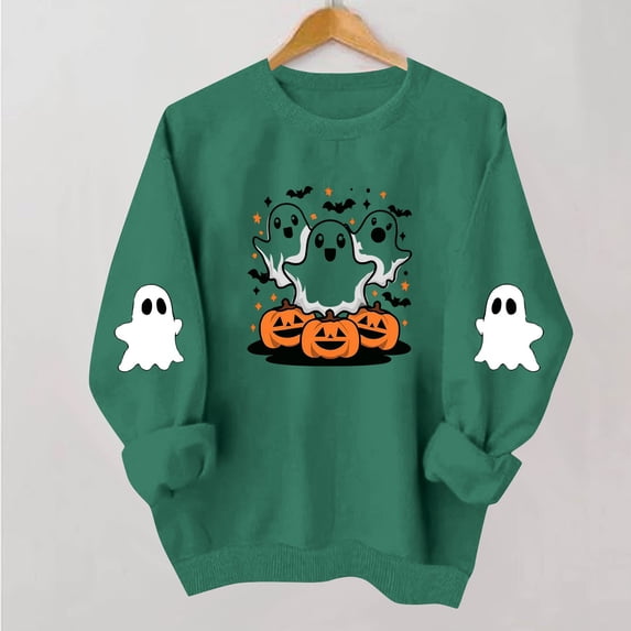 Meichang Women's Halloween Graphic Sweatshirt Ghost Print Sweatshirts Fall Long Sleeve Crewneck Sweatshirt Vintage Spooky Halloween Pullover