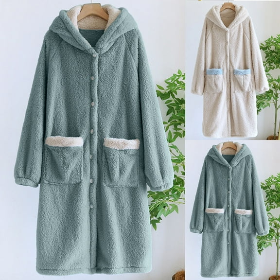 Meichang Women's Hood Robe Plush Fleece Long Sleeve Button Down Winter Bathrobe Soft Fuzzy Fluffy Cozy Knee Length Robe with Pockets
