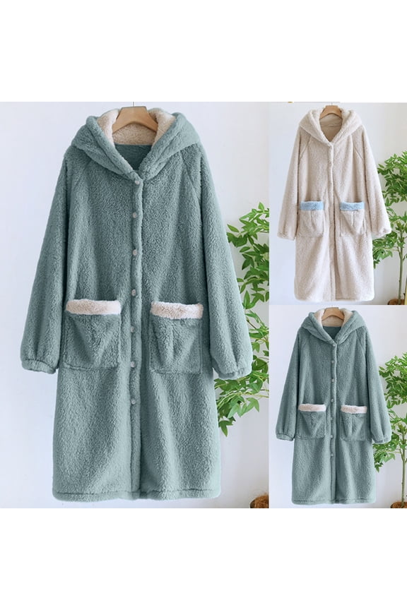 Women's Hood Robe Plush Fleece Long Sleeve Button Down Winter Bathrobe Soft Fuzzy Fluffy Cozy Knee Length Robe with Pockets