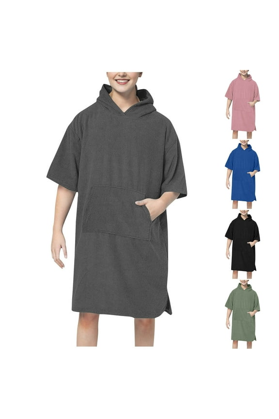 Women's Hooded Robes Short Sleeve Loose Fit Pullover Bathrobe Solid Lightweight Cape Bath Robe Homewear with Pocket