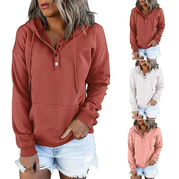 Meichang Women's Hoodie Casual Long Sleeve Quarter Button Collar Drawstring Hooded Pullover Sweatshirt Fall Y2K Hoodie with Pocket
