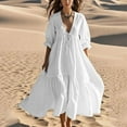 thumbnail image 1 of Meichang Women's Linen Maxi Dress Loose Fit V Neck Lantern Half Sleeve Summer Dress Flowy Swing Ruffle Hem Beach Vacation Dresses Casual Long Dresses, 1 of 5