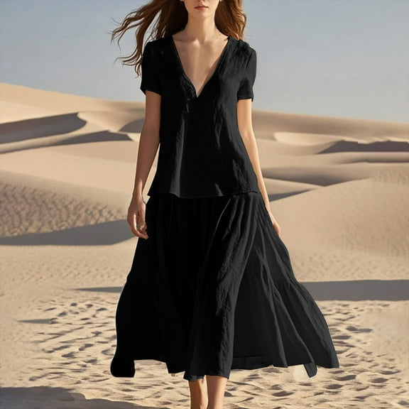 Meichang Women's Linen Maxi Dresses for Summer 2025 V Neck Short Sleeve Patchwork Ruffle Hem Dress Swing Flowy Long Beach Dresses