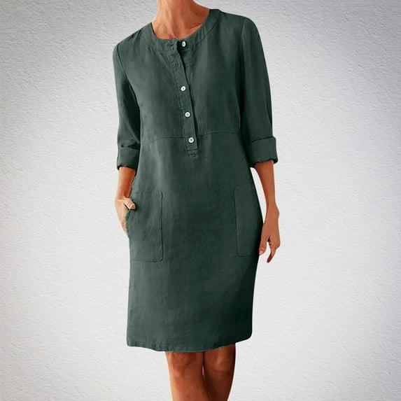 Meichang Women's Linen Midi Dress Women Plus Size Half Button Crew Neck Cotton Linen Dress Long Sleeve Casual Knee Length Dresses Solid Loose Fit Shirt Dresses with Pockets