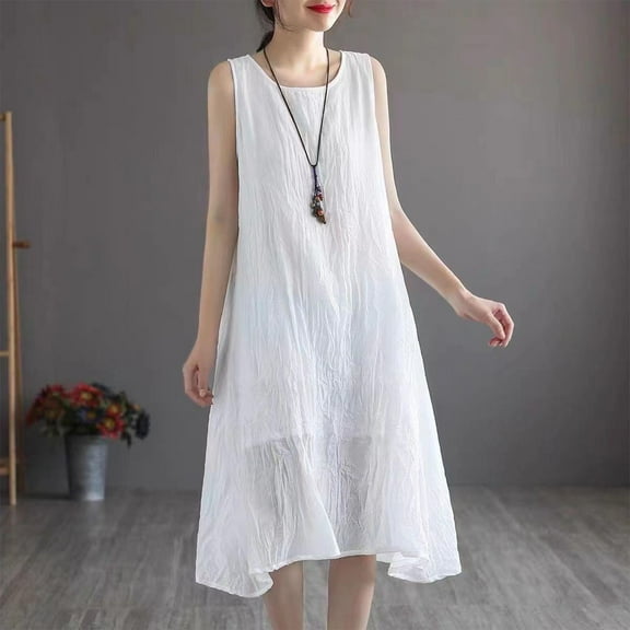 Meichang Women's Linen Summer Dresses 2025 Vacation Sundresses Sleeveless Scoop Neck Midi Dresses Casual Solid Loose Fit Flowy Swing Beach Dress