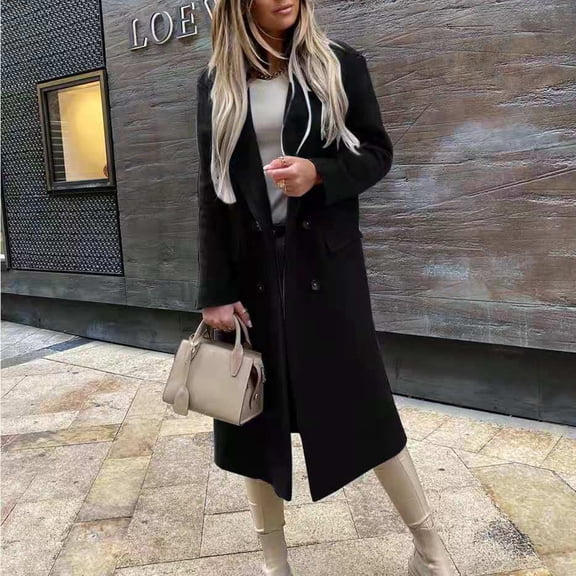 Meichang Women's Long Blazer Business Casual Solid Lapel Long Sleeve Formal Suit Slim Double Breasted Cardigan Work Office Jacket