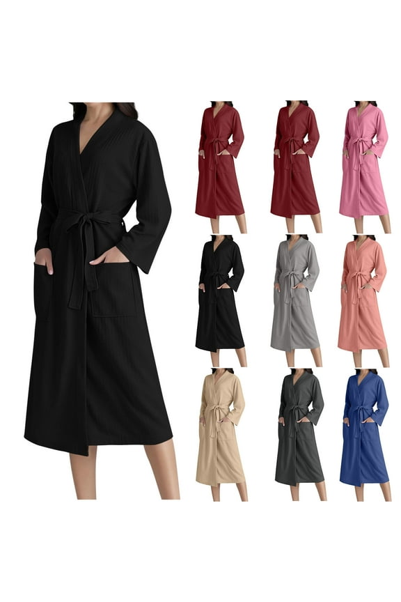 Women's Long Robes Waffle Knit Kimono Bathrobes Long Sleeve Cozy Robe Spring Summer Lightweight Homewear Sleepwear with Belted