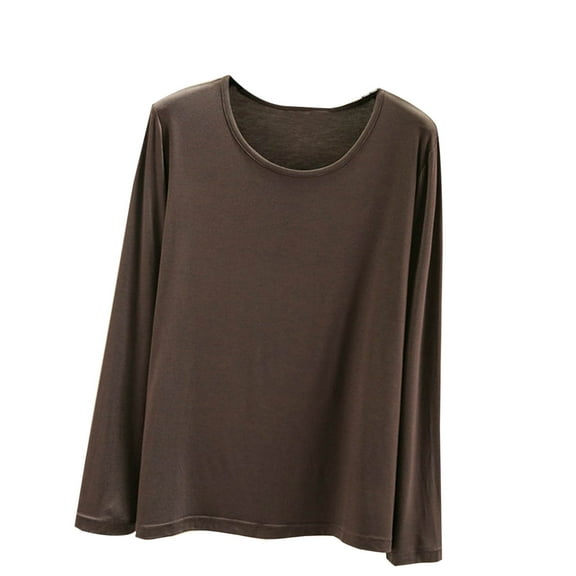 Meichang Women's Long Sleeve Tops Loose Fit Base Layer Shirts Casual Crew Neck Solid T-Shirts Soft Comfy Sleepwear Pajama Blouse Tops Coffee M