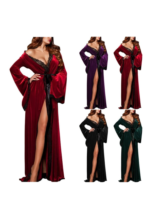 Women's Long Velvet Robe Soft Cozy Bathrobe Sleepwear Full Length Bride Nightgown Long Sleeve Belted Nightwear