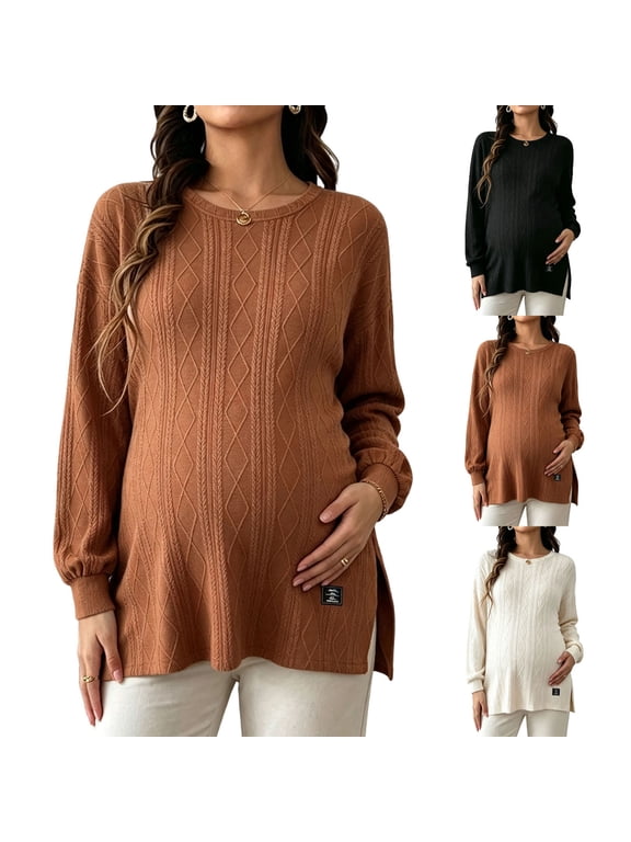 Women's Maternity Shirts Long Sleeve Texture Pregnancy Tunic Tops Dressy Casual Crew Neck Split Hem Loose Maternity Clothes