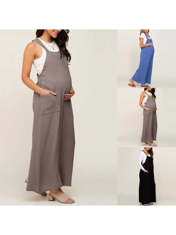 Women's Maternity Wide Leg Jumpsuit Sleeveless Casual Pregnancy Overalls Romper with Pockets