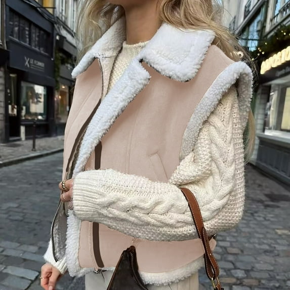 Meichang Women's Outerwear Vests Sherpa Fleece Jacket Cropped Vest Zip Up Faux Leather Sleeveless Winter Coat with Pockets