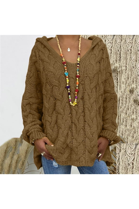 Women's Oversized Chunky Cable Knit Pullover Hooded Sweater Fall Winter V Neck Long Sleeve Hoodie Sweater Jumper Tops Coffee XL