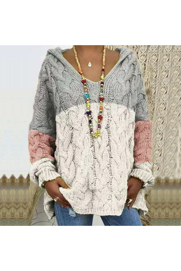 Women's Oversized Chunky Cable Knit Pullover Hooded Sweater Fall Winter V Neck Long Sleeve Hoodie Sweater Jumper Tops White XXXL