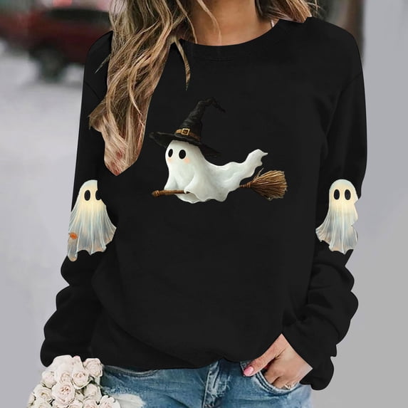 Meichang Women's Oversized Sweatshirts Halloween Crew Neck Sweatshirt Cute Ghost Graphic Sweatshirts Long Sleeve Fall Pullover Tops
