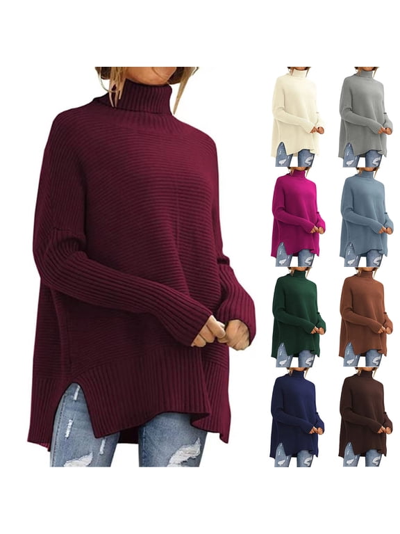 Women's Oversized Turtleneck Sweaters Fall Batwing Sleeve Ribbed Knit Pullover Tops Loose Fit Chunky Tunic Sweater