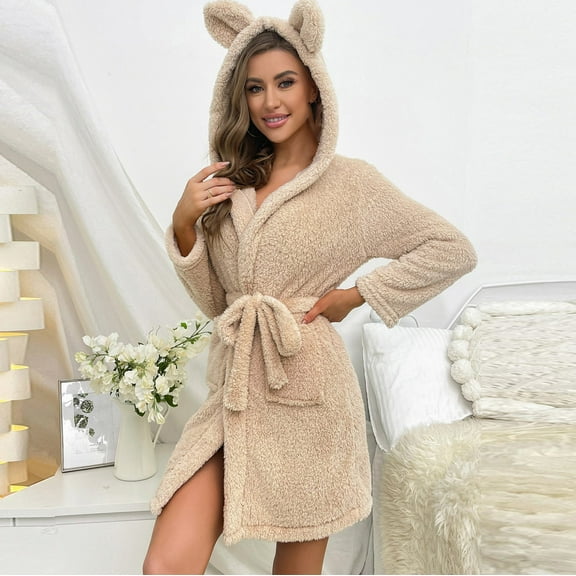 Meichang Women's Plush Bathrobe Hooded with Ear Fleece Long Sleeve Winter Short Robes Cozy Fluffy Fuzzy Robe Soft House Robes with Belt And Pockets