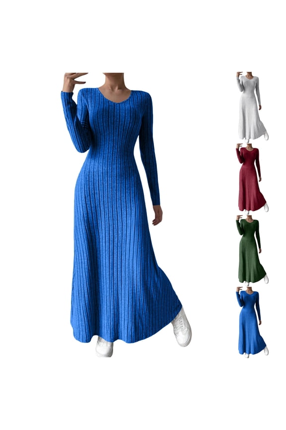 Women's Ribbed Knit Sweater Dress Bodycon Maxi Dress Casual Long Sleeve Crew Neck A Line Long Dress Winter Wedding Guest Dresses