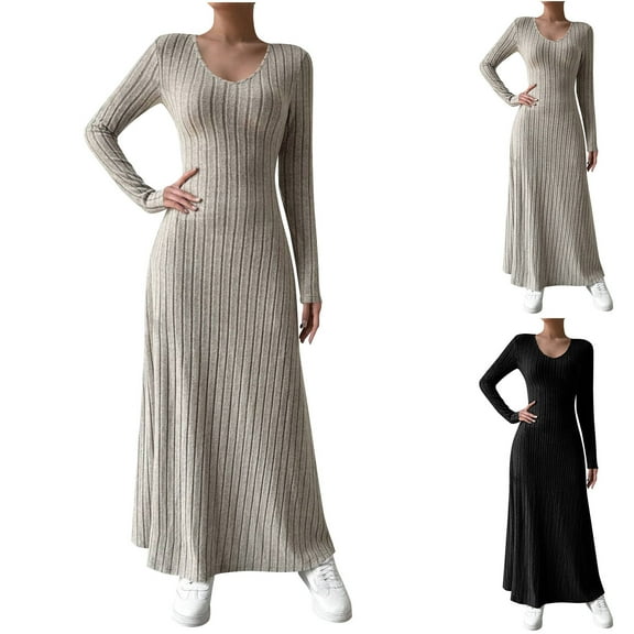 Meichang Women's Ribbed Knit Sweater Dress Bodycon Maxi Dress Casual Long Sleeve Crew Neck A Line Long Dress Winter Wedding Guest Dresses