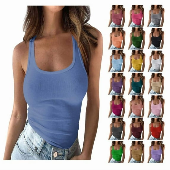 Meichang Women's Ribbed Tank Tops Sleeveless Shirts Workout Tank Tops Woman Summer Basic U Neck Yoga Gym Workout Tanks Shirts
