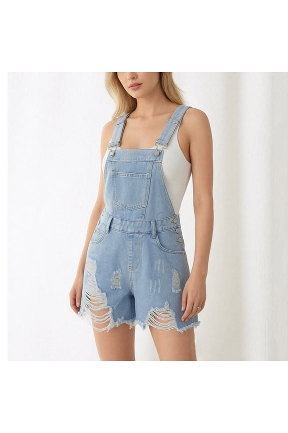 Women's Ripped Short Overalls Adjustable Denim Bib Overall Shorts Jumpsuit Ripped Frayed Cut Off Romper Jean jumpsuit Bib Shortalls