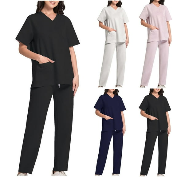 Meichang Women's Scrub Sets V Neck Short Sleeve Nurse Uniform Sets with Scrub Pants Comfy Professional Wear Scrubs with Pockets