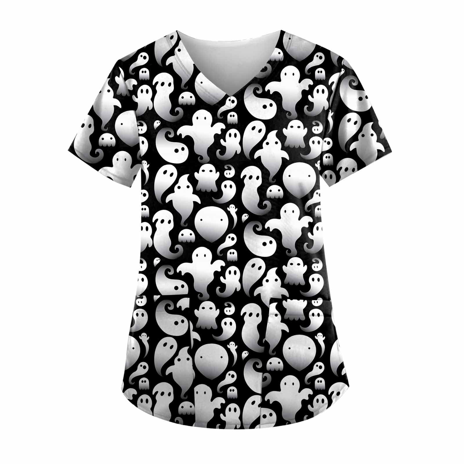 Meichang Women's Scrub Tops Cute Halloween Print Working Uniform V Neck