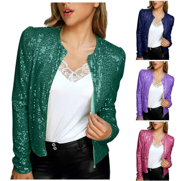 Meichang Women's Sequin Shrug Jacket Long Sleeve Open Front Glitter Blazer Bolero Wedding Party Sparkly Cropped Cardigan
