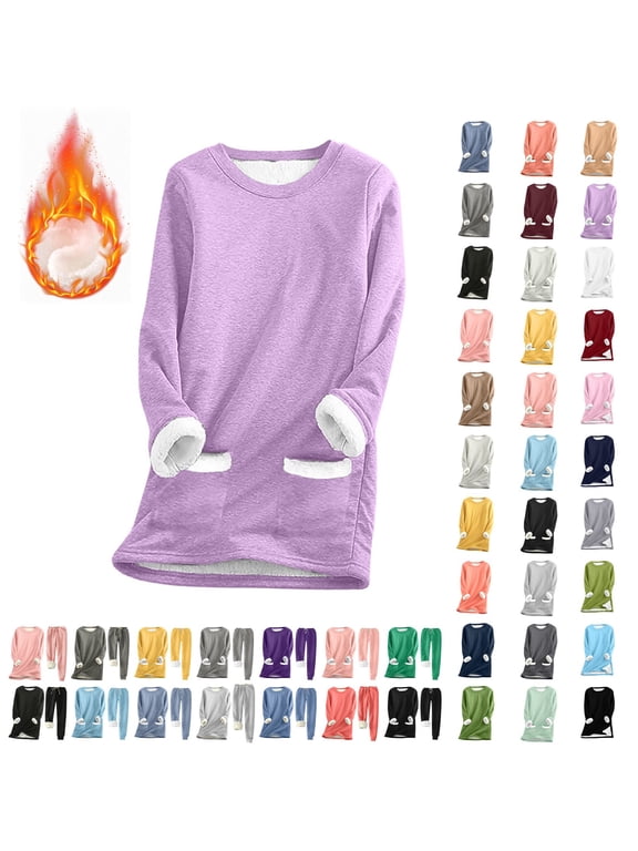 Women's Sherpa Pajama Tops Fleece Lined Sweatshirts Crew Neck Long Sleeve Winter Warm Pullover Loungewear with Pockets