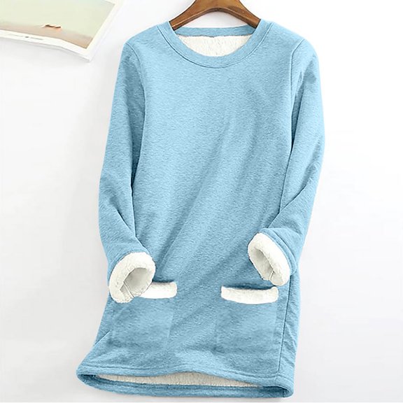 Meichang Women's Sherpa Pajama Tops Fleece Lined Sweatshirts Crew Neck Long Sleeve Winter Warm Pullover Loungewear with Pockets