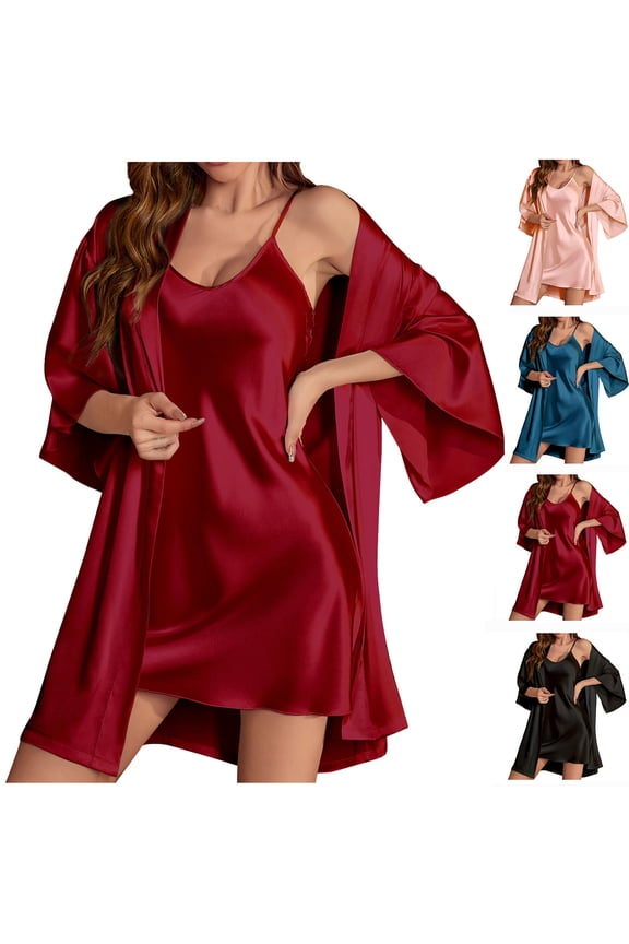 Women's Silk Robe Cami Nightgown 2 Piece Satin Bathrobes 3/4 Sleeves Bridal Sleepwear Women's Satin Nightgown with Robes Set